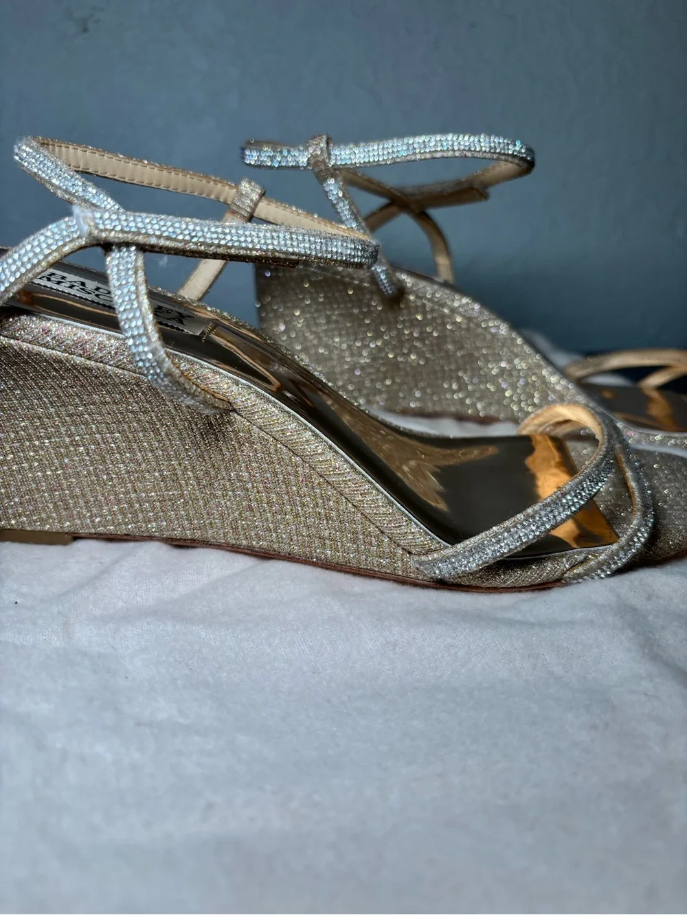 Badgley Mischka Sparkling Gold Strappy Wedge